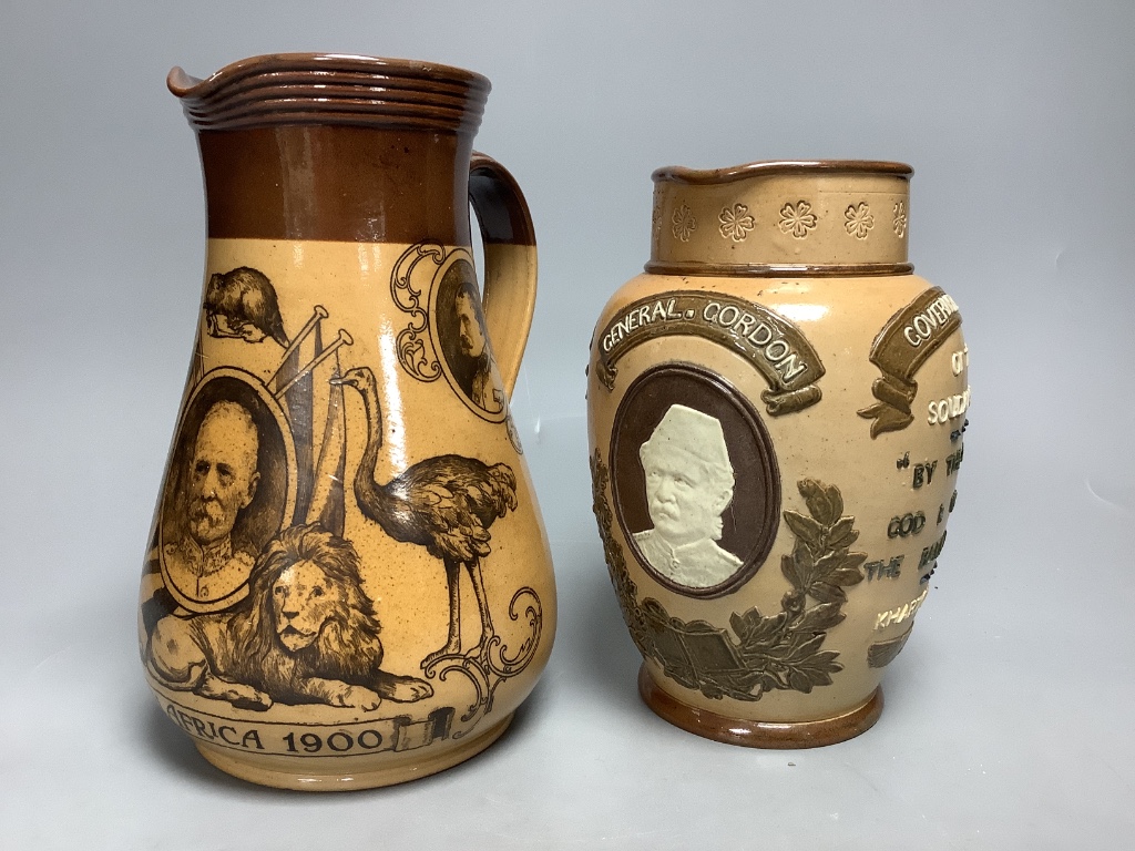 A Doulton Lambeth ‘Chinese Gordon’ jug, dated 1884 and a similar South Africa 1900 jug, tallest being 21cm